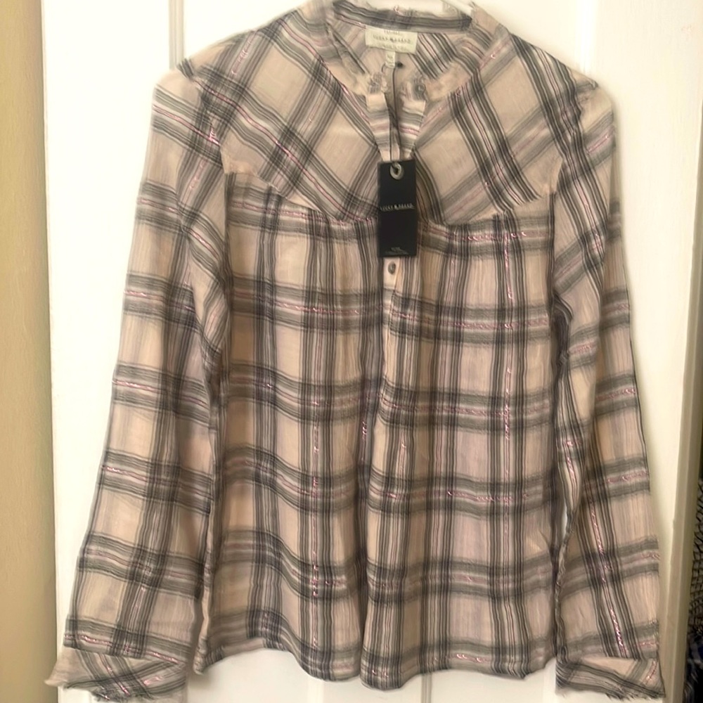 Lucky brand ivory plaid shirt. Fringe accent around collar and sleeves.